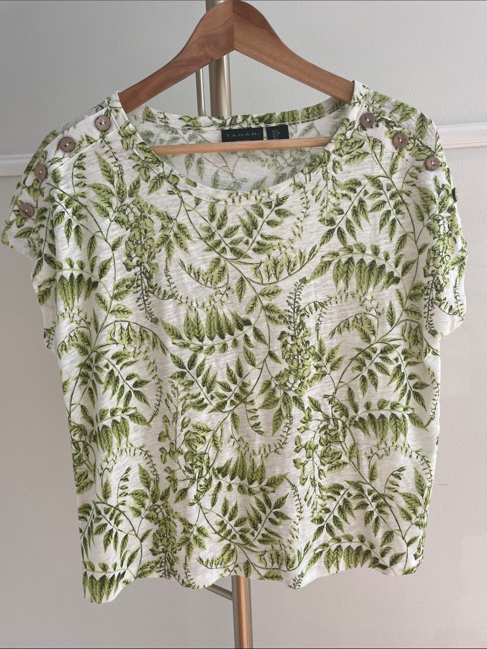 Tahari linen blend Cream Top with Green Leaf Print and Button-Shoulder